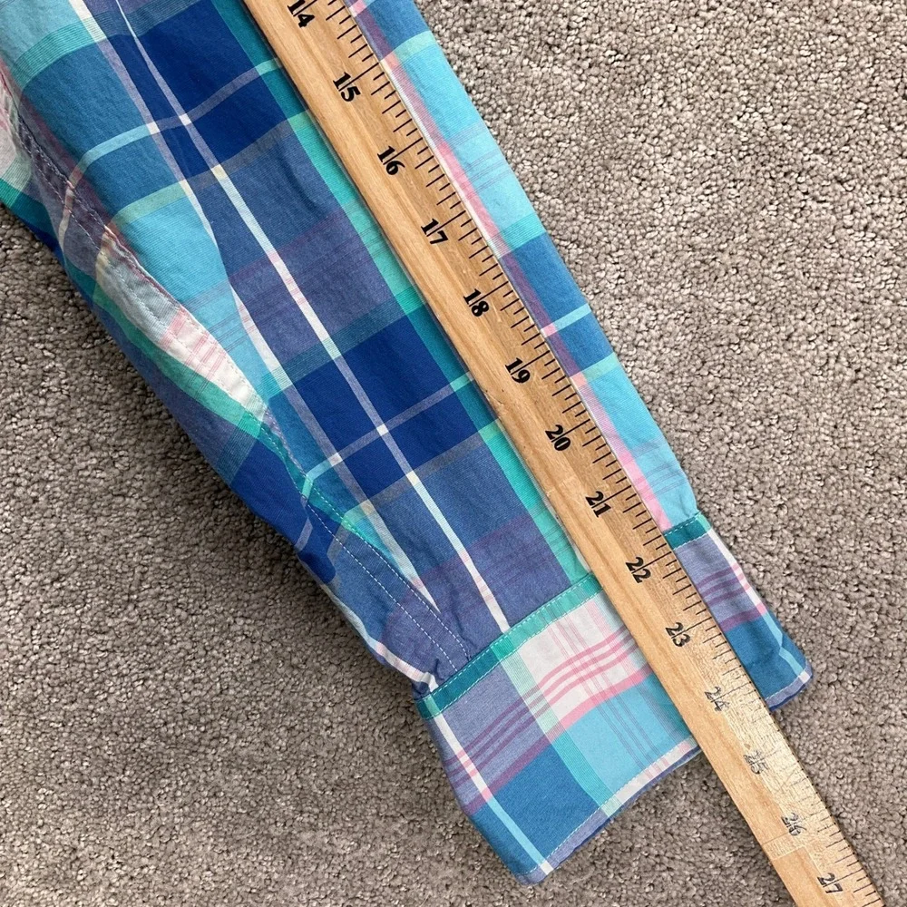 J. Crew Shirt Mens Medium Blue Plaid Flex Washed Vibrant Slim Fit‎ OCBD Stretch